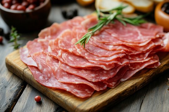 Thinly sliced salami with rosemary on a wooden board.
