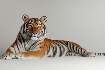 Fototapeta premium A majestic tiger lies gracefully, its orange and black stripes contrasting against a neutral background.
