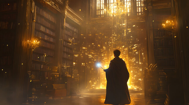 A young wizard holding a glowing wand in a magical library filled with floating books, mysterious artifacts, and golden chandeliers 