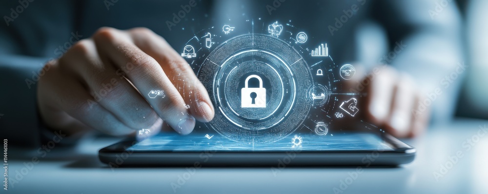 Poster a person interacts with a digital tablet displaying a secure lock symbol, symbolizing cybersecurity 