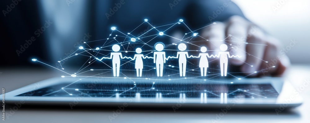 Poster a digital interaction showcasing human figures connected by lines, symbolizing networking, collabora