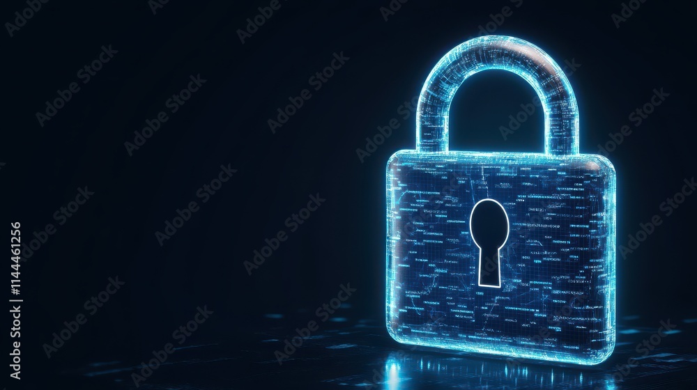 Poster a glowing digital padlock symbolizing cybersecurity and data protection against unauthorized access.