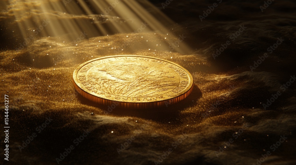 Poster a golden coin resting amidst sparkling light particles, with sun rays emphasizing its rich texture. 
