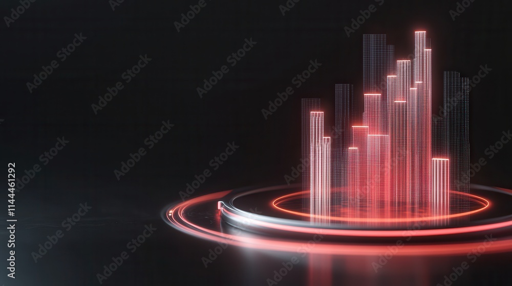 Poster a futuristic graphic depicting digital data visualization with rising bar charts in red and black to