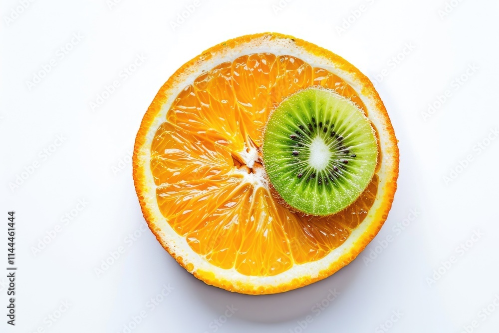 Poster slice of orange with a kiwi on top. the orange is cut in half and the kiwi is placed on top of it. c