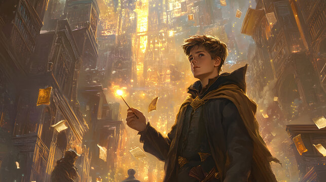 A young wizard holding a glowing wand in a magical library filled with floating books, mysterious artifacts, and golden chandeliers 