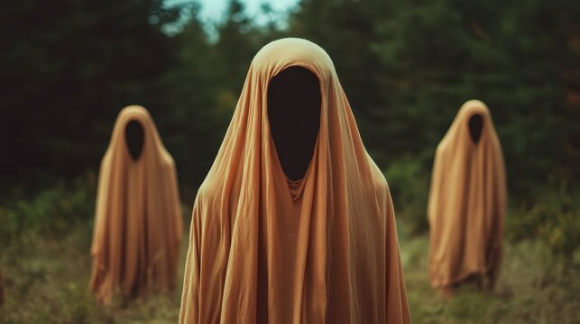 A single figure wrapped in a cloak takes center stage with two more mysterious figures in the background, nestled within a lush forest, creating a mysterious aura.