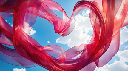 Colorful rainbow streamers in heart shape floating against sky background. Abstract celebration decoration, ideal for events and parties.