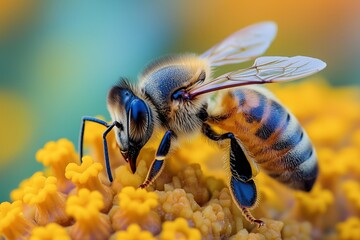 Fototapeta premium Close-up of a vibrant bee collecting pollen on a bright yellow flower, showcasing delicate wings and intricate details.