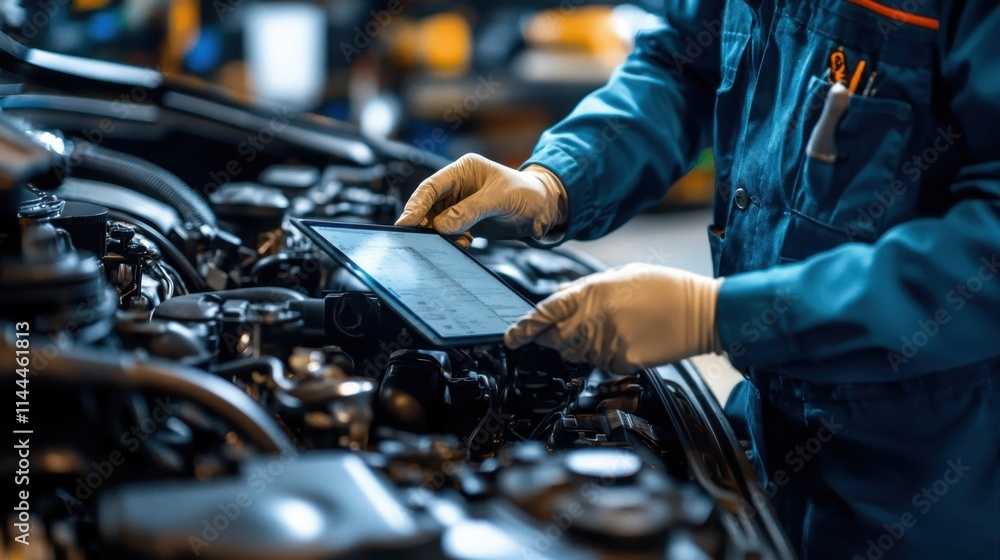 Poster mechanic using tablet to diagnose engine problems in workshop