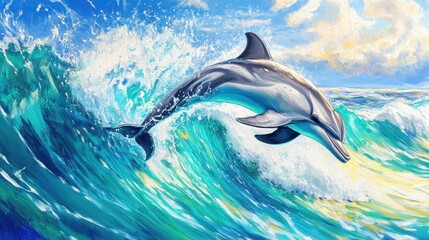 Fototapeta premium Colorful Dolphin Jumping Through Ocean Waves