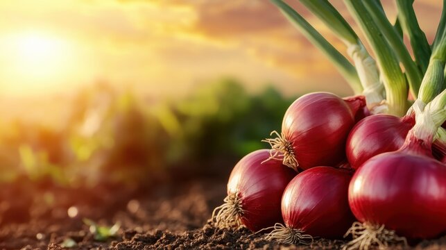 A cluster of red onions rests on fertile soil against a backdrop of a warm, sunset rural landscape, evoking themes of natural farming and organic life.