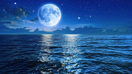 The moon rises slowly over the vast, endless sea, casting a silver glow across the water's surface.
