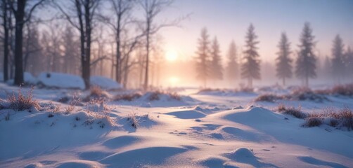 Frosty morning landscape with blurred snow and bokeh effect, christmas atmosphere, frosty morning, cold weather
