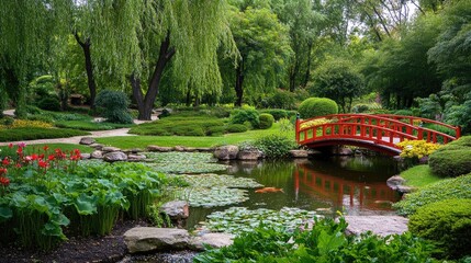 Serene Japanese Garden with Red Bridge and Tranquil Water Reflection