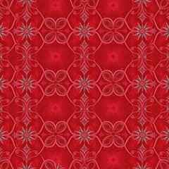 Fototapeta premium Red Floral Pattern: A captivating and intricate design, featuring delicate silver floral motifs on a vibrant red background. This seamless pattern exudes elegance and sophistication.