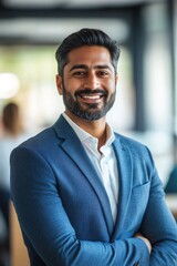 Naklejka premium Young man with beard, smiling and dressed in business attire.