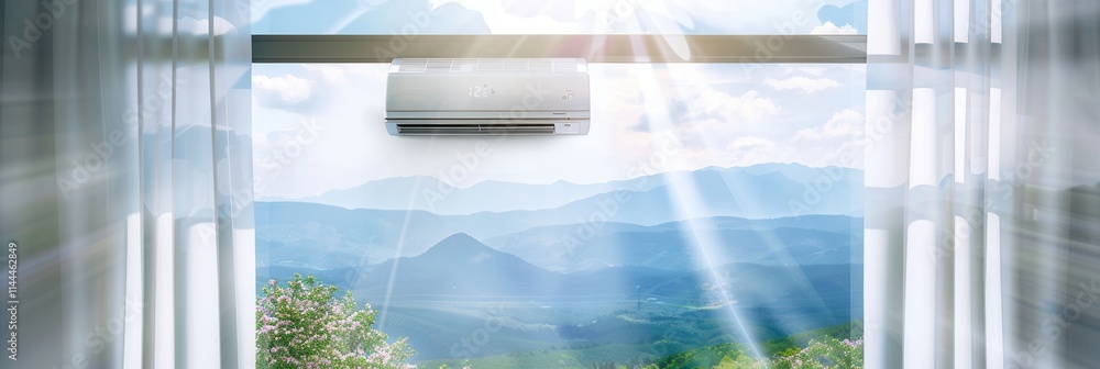 Poster air conditioner installed above open window revealing scenic mountain view during sunny day. generat
