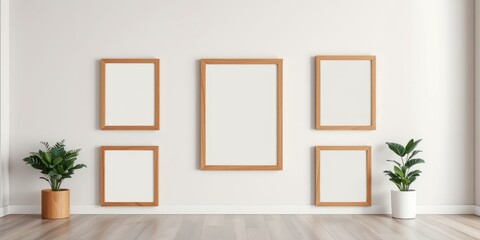 Fototapeta premium Modern minimalist interior design with empty wooden picture frames and potted plants