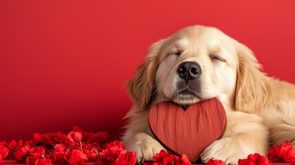A golden retriever puppy peacefully holds a heart-shaped decoration, surrounded by rose petals against a vibrant red background.