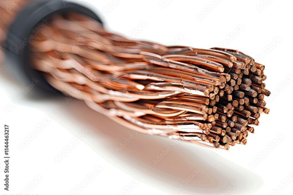 Poster close-up of a bundle of copper wires, showcasing their texture and structure. isolated on white back