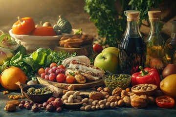 Mediterranean foods, olives, nuts, vegetables, fruits, spices, condiments