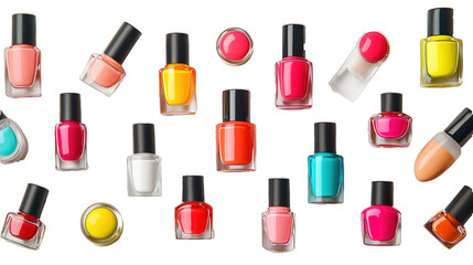 Obraz premium Assorted nail polish bottles with unique shapes and bold colors, arranged against a white backdrop.