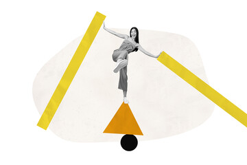 Composite trend artwork sketch image collage of element escape geometry hurdle small young lady stand triangle balance hand hold platform