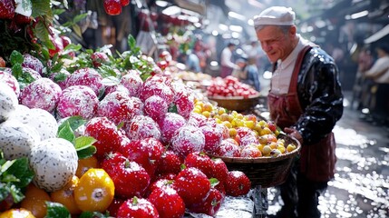 Elderly vendor selling fresh fruit at a bustling Asian market.