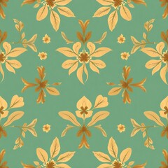 Golden Floral Seamless Pattern: A delicate and elegant seamless pattern with intricate golden floral motifs on a soft teal background.