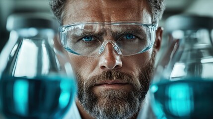 A bearded scientist wearing safety goggles intently studies laboratory flasks filled with blue fluid, demonstrating analytical prowess and scientific investigation.