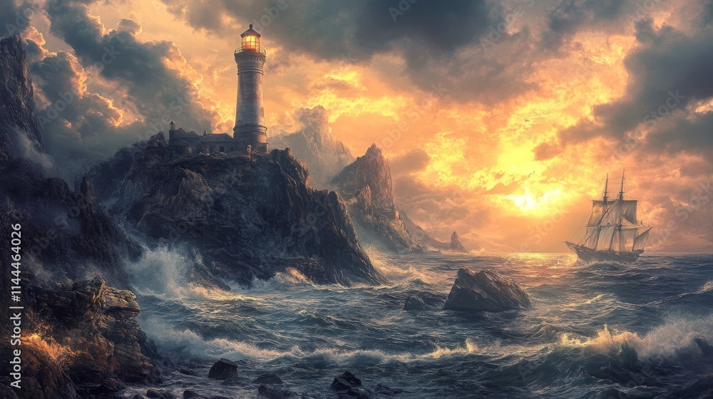 Poster a dramatic scene featuring a lighthouse on a jagged cliff with a turbulent ocean and a sailing ship 