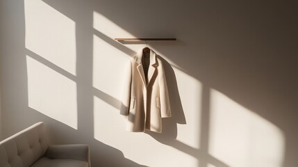 Elegant Coat Hanging on Wall with Soft Natural Light Shadows