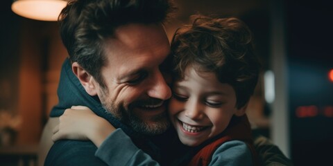 Fototapeta premium Emotional man and young boy share a tender hug at indoors. Family love and bonding time. Father and son celebration.
