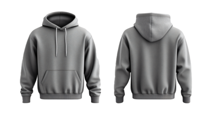 Set of grey front and back view tee hoodie hoody sweatshirt on transparent background cutout, PNG file. Mockup template for artwork graphic design