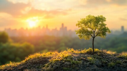 Fototapeta premium Solitary Green Tree on Hill with City Skyline at Sunset