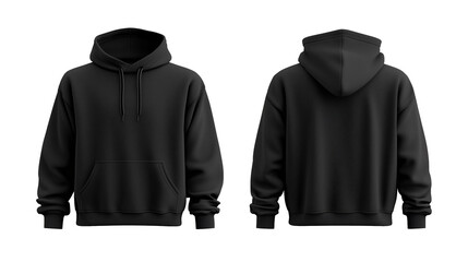 Set of Black front and back view tee hoodie hoody sweatshirt on transparent background cutout, PNG file. Mockup template for artwork graphic design