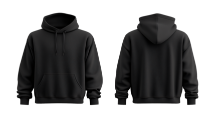 Set of Black front and back view tee hoodie hoody sweatshirt on transparent background cutout, PNG file. Mockup template for artwork graphic design