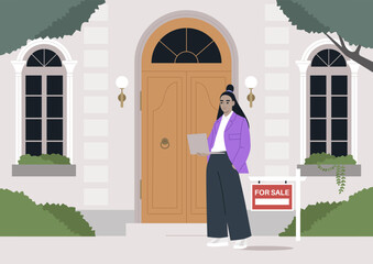 Fototapeta premium A realtor stands confidently outside a modern home, holding a tablet and highlighting a for sale sign, The setting suggests an inviting atmosphere for potential buyers