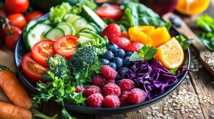 Fresh Colorful Fruit and Vegetable Salad on Rustic Wooden Table