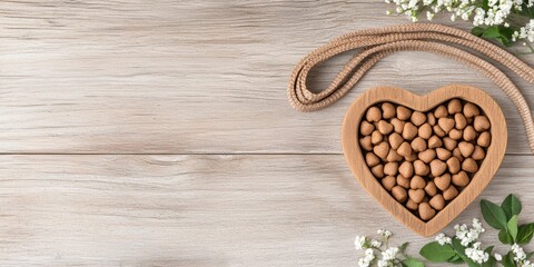 A heart-shaped container filled with small, round items, surrounded by greenery on a wooden surface, conveying a warm, natural aesthetic.