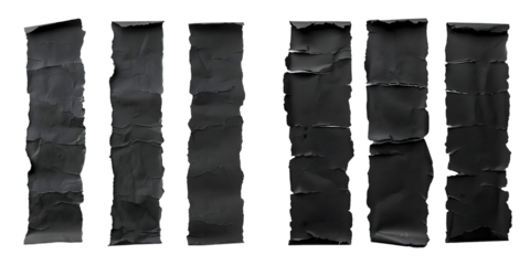 three pieces of torn long black paper for using as text box isolated on a white background. Generative AI.