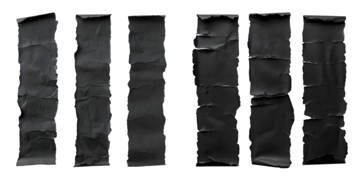 three pieces of torn long black paper for using as text box isolated on a white background. Generative AI.