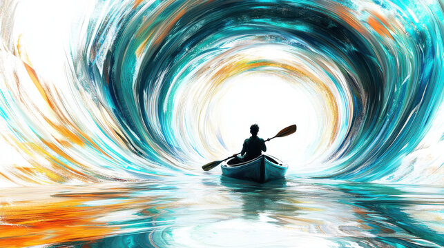 A surreal image of a lone figure in a canoe, surrounded by swirling multicolored light trails that mimic a vortex, vivid blue and teal dominate the scene, with hints of orange accents, the figure faci - Powered by Adobe