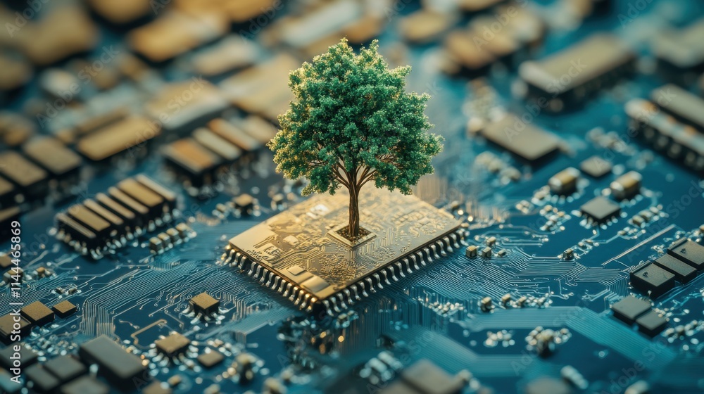 Poster tree growing on microchip representing technology and nature balance