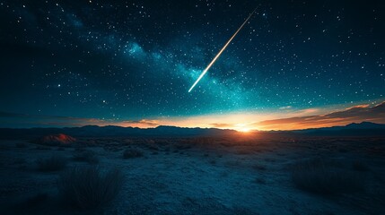 Fototapeta premium Desert sunrise with shooting star and Milky Way.