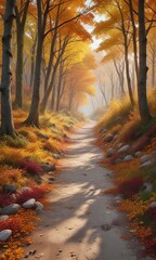 Gravel path winding through a forest of autumn trees near the coast, trees, forest, landscape photography