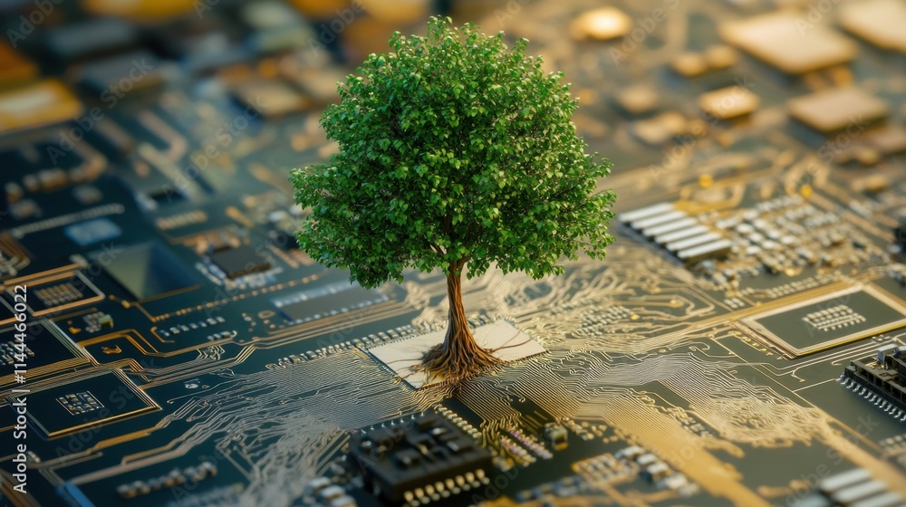 Poster tree growing from circuit board symbolizing nature and technology