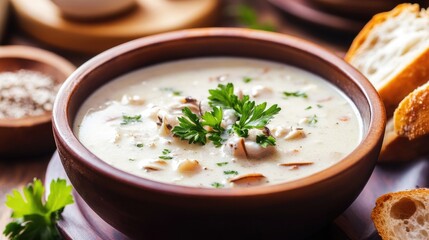 Creamy Mushroom Soup with Fresh Herbs and Bread on Wooden Table