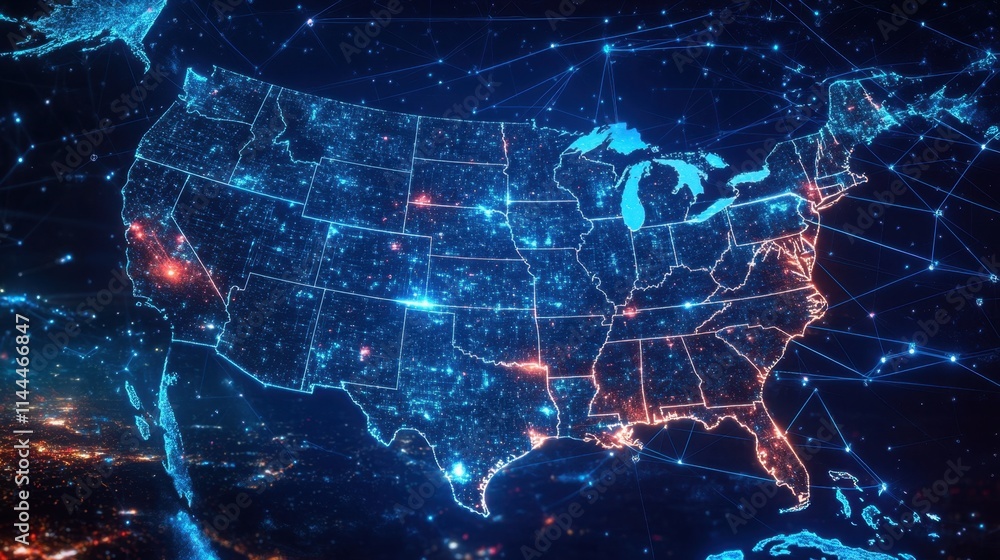 Aufkleber digital usa map with glowing nodes and network connections